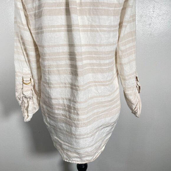 Ellen Tracy Popover Shirt Women's Small White Tan Striped 100% Linen Long Sleeve - Picture 11 of 16